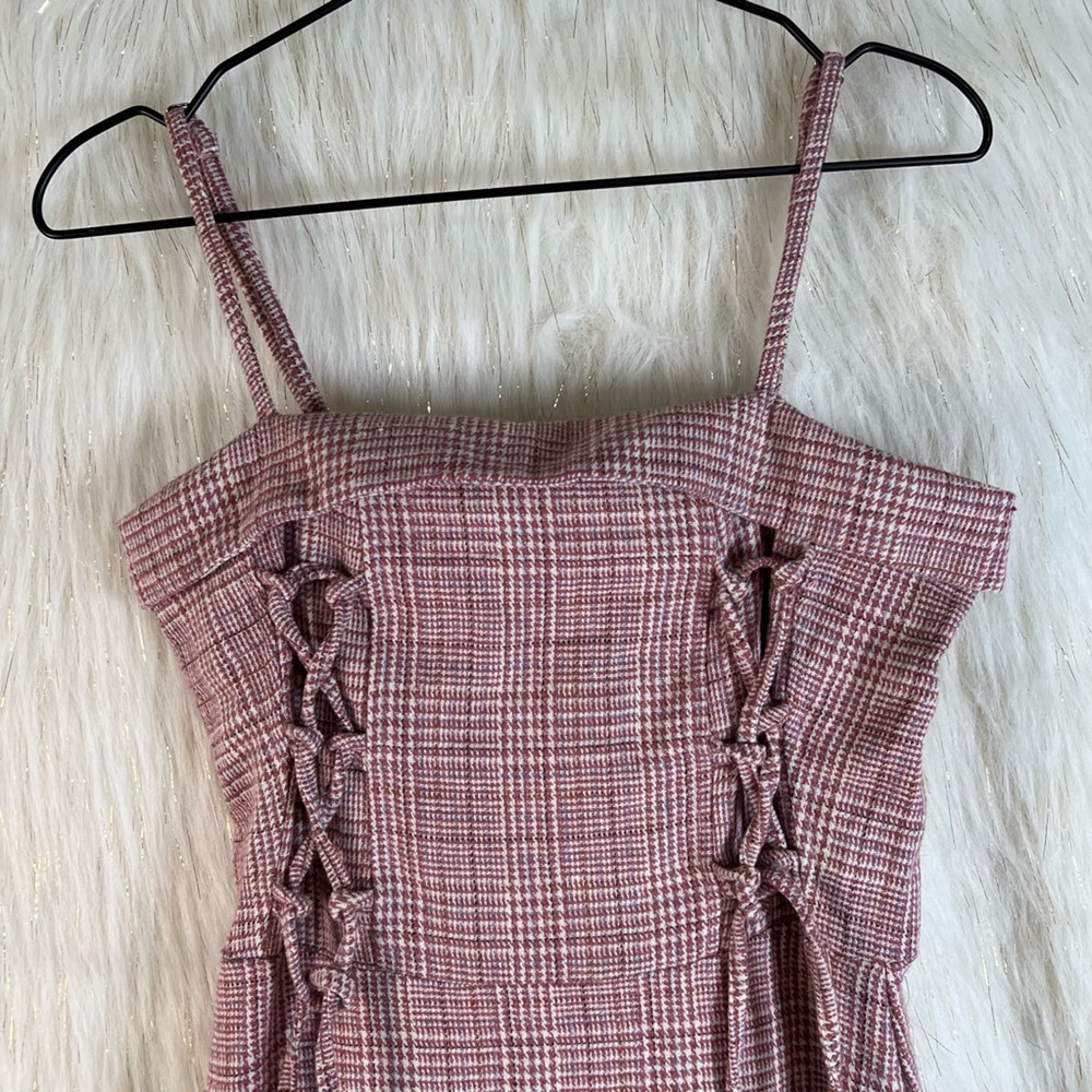 Hoi Sing Hansion Tweed A Line Dress Pink Plaid Lace Up Midi Spaghetti Strap S - Picture 2 of 8
